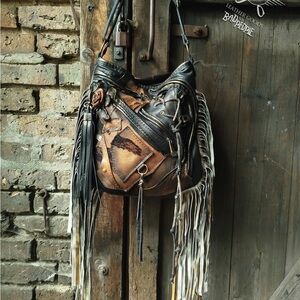 Boho Chic Black and Brown Leather Fringe Shoulder Bag